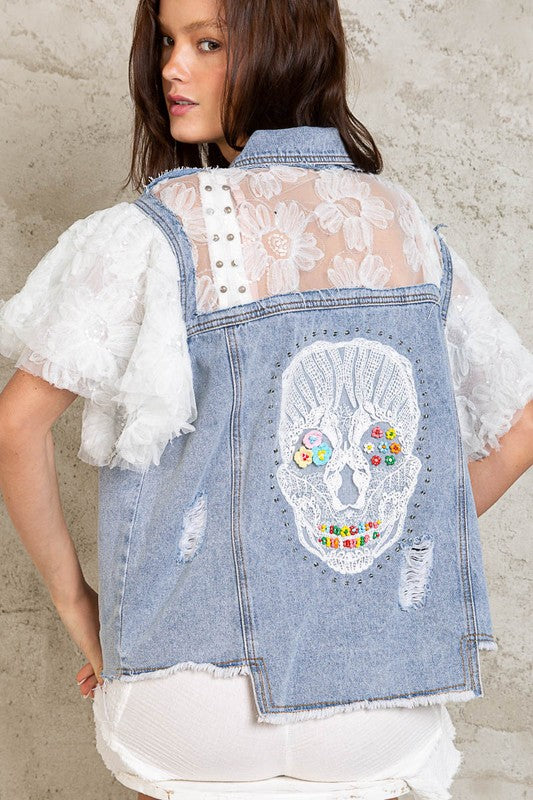 Lacy  Embellished Skull Denim Jacket - Beciga