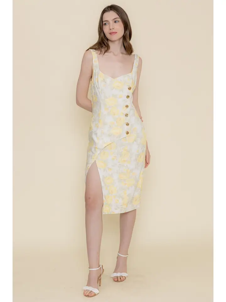 Floral Print Asymmetric Button Closure Midi Dress Floral Print Asymmetric Button Closure Midi Dress