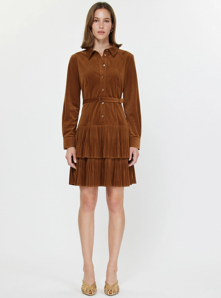 corduroy tiered mini dress Corduroy Pleated Tiered Shirt Mini Dress Brown / L