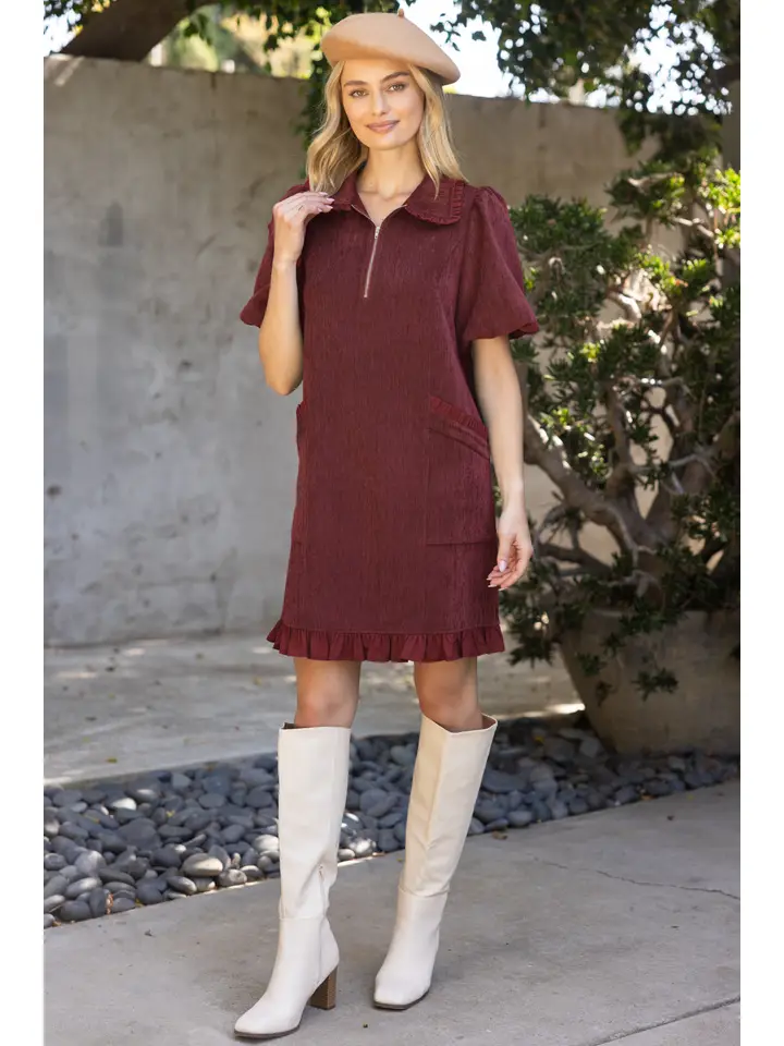 Raquel Ruffle Pocket Detail Dress(Available in Burgundy Only) Burgundy / Large