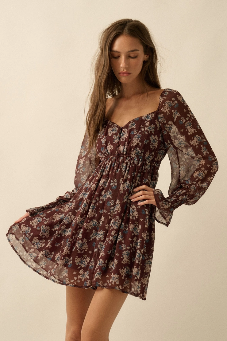 Floral Chiffon Babydoll Peasant Mini Dress Baked Plum / Medium Floral Chiffon Babydoll Peasant Mini Dress Baked Plum / Medium