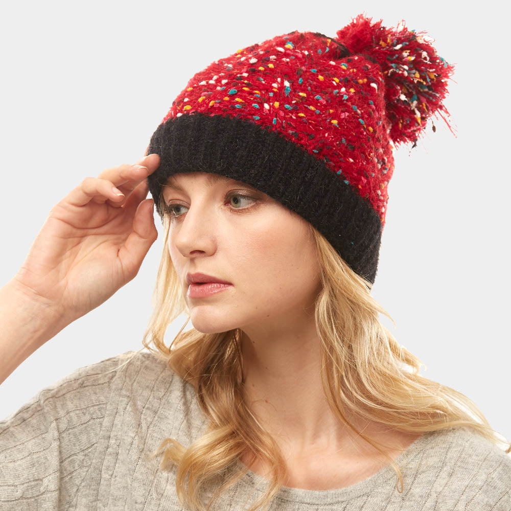 Burgundy Multi Color Sprinkles Pom Pom Beanie Hat - Beciga