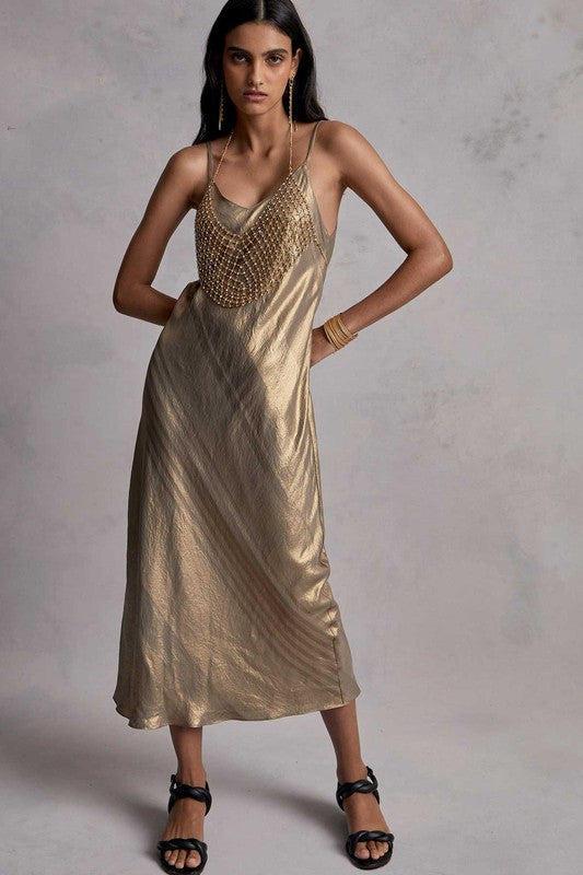 Gold Collection Shiny Bias Cami Midi Dress - Beciga