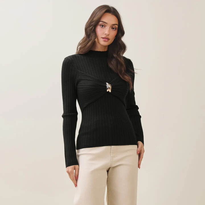 Gold Metal Ring Rib-Knit Top