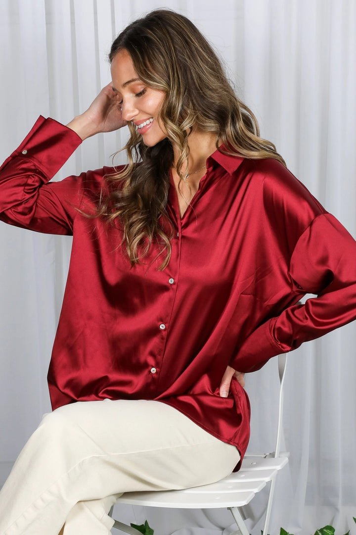 Collared Neckline Solid Satin Blouse (available in champagne, brown & burgundy)