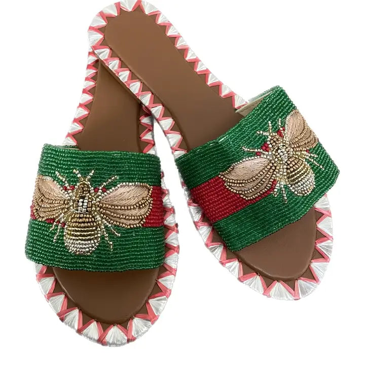 Handcrafted Beaded Queen Bumble Bee Sandals- Red & Green