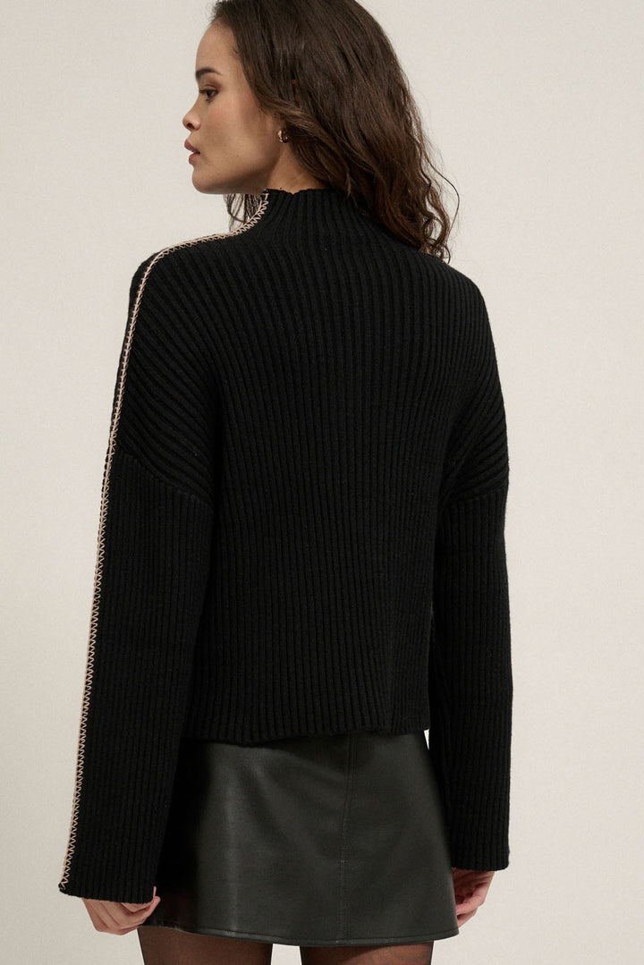 Black Solid High Neck Rib Knit Expose Seam Sweater - Beciga