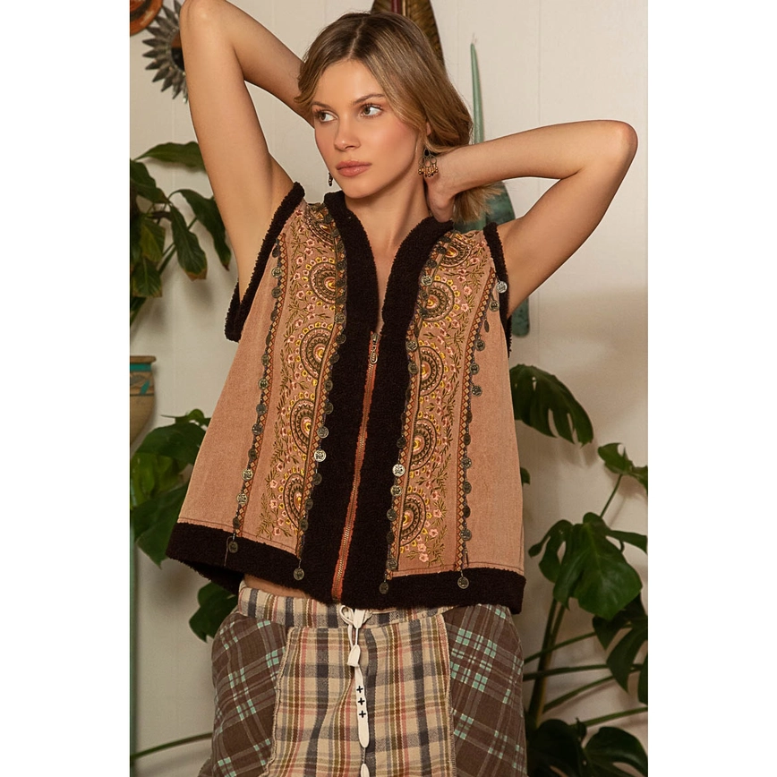 Freya Fleece Trim Embroidered Zipper Vest Jacket - Beciga