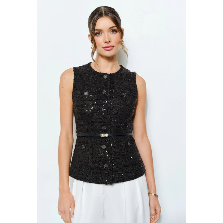 Belted Sequin Tweed Sleeveless Top
