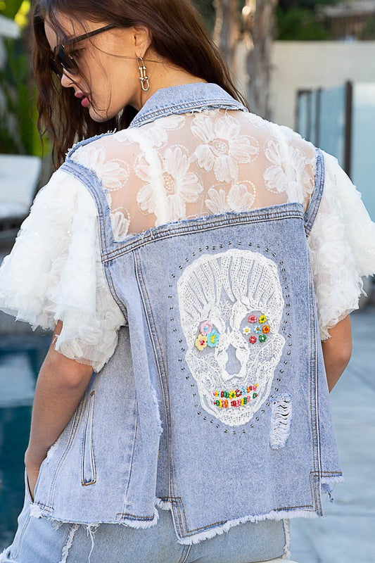 Lacy  Embellished Skull Denim Jacket - Beciga