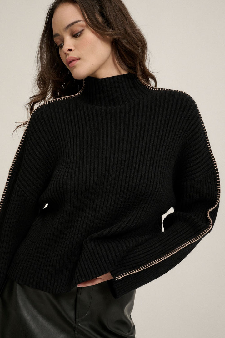 Black Solid High Neck Rib Knit Expose Seam Sweater - Beciga