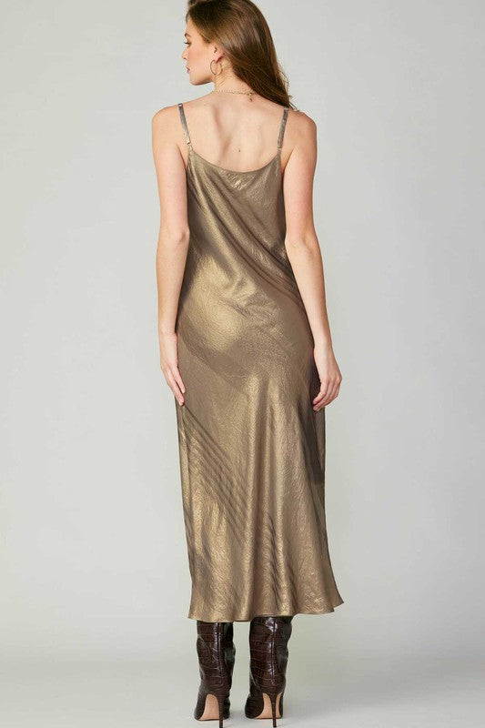 Gold Collection Shiny Bias Cami Midi Dress - Beciga