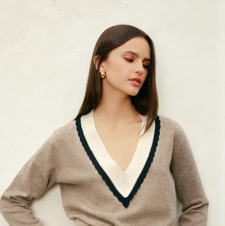 Varsity Contrast Deep V Neck Sweater