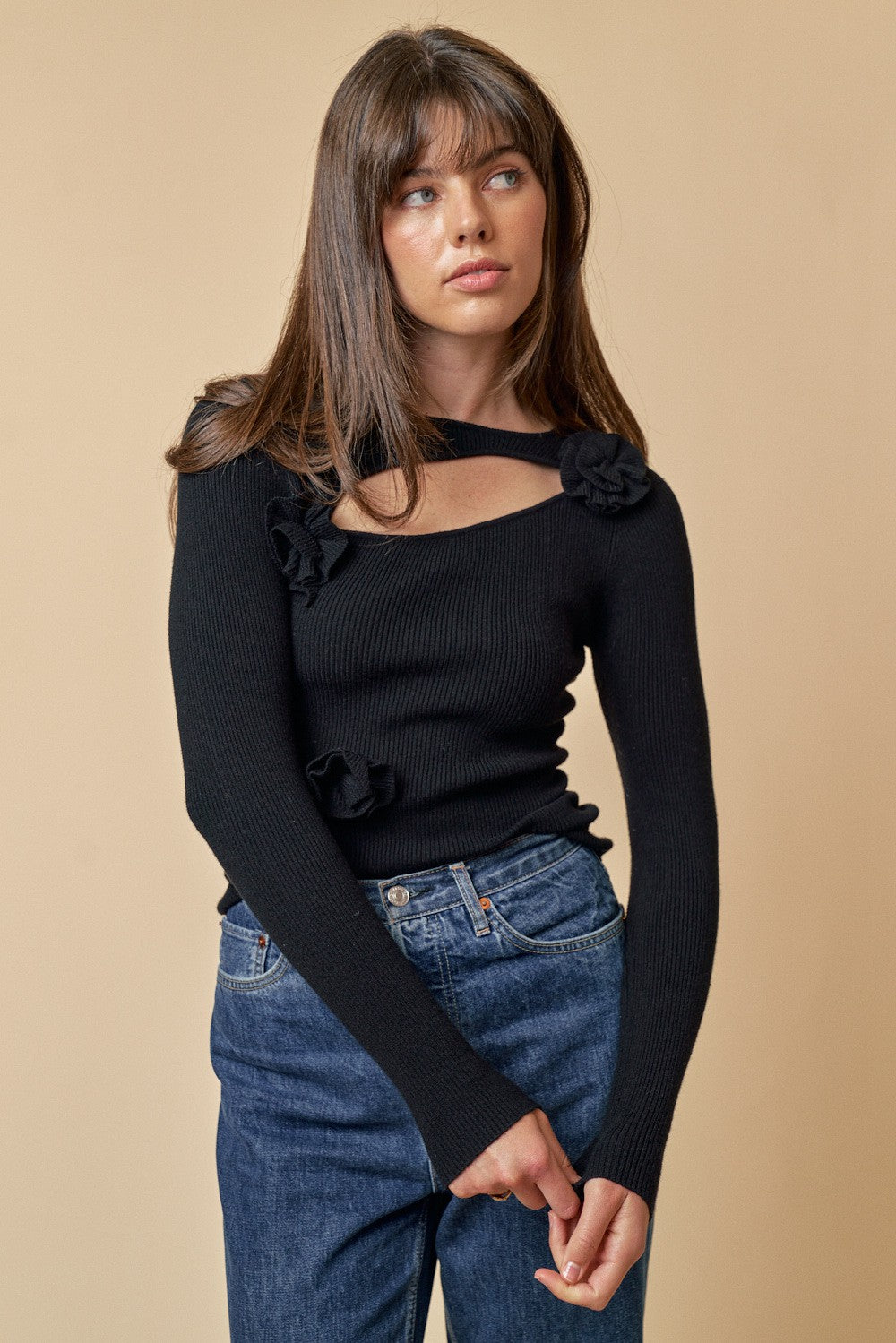Celeste Cut Out Rosette Trim Sweater Top - Beciga