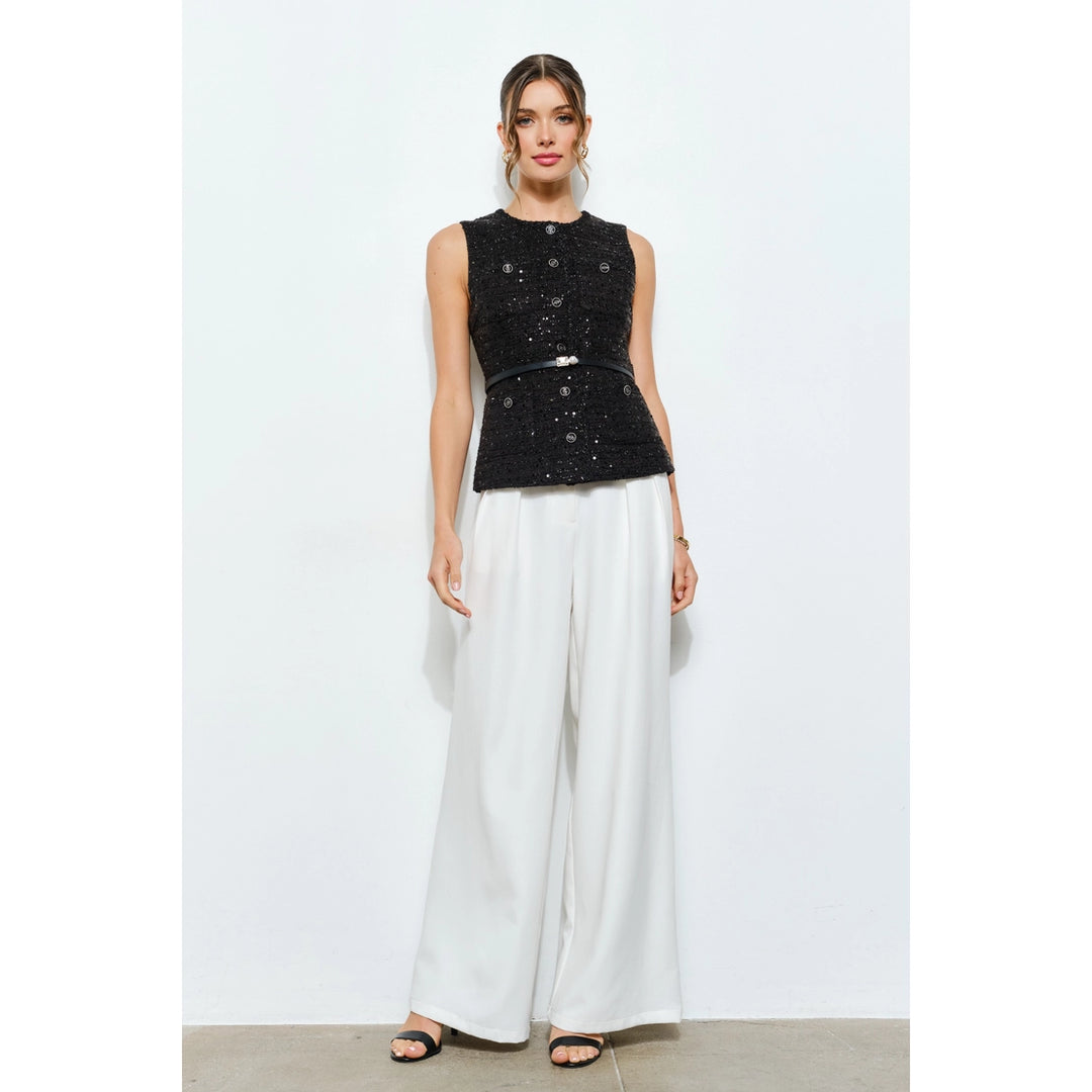 Belted Sequin Tweed Sleeveless Top