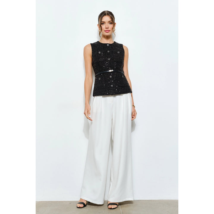 Belted Sequin Tweed Sleeveless Top