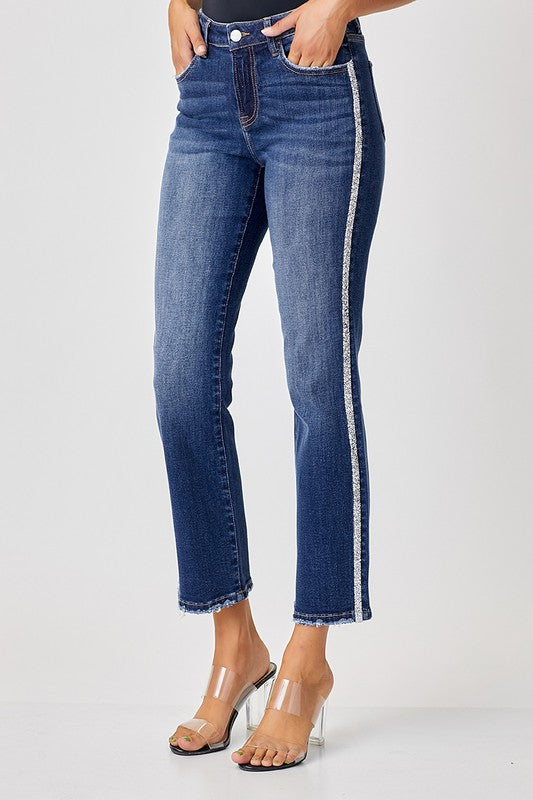 High Rise Rhinestone Slim Straight Jeans - Beciga