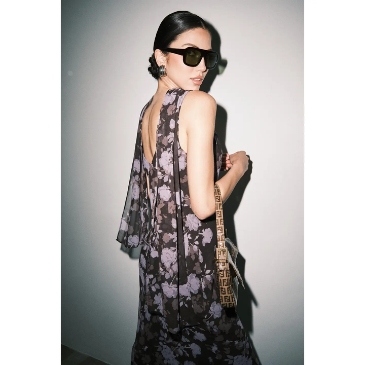 Noelle Sheer Chiffon Floral Cowl Neck Sleeveless Maxi Dress