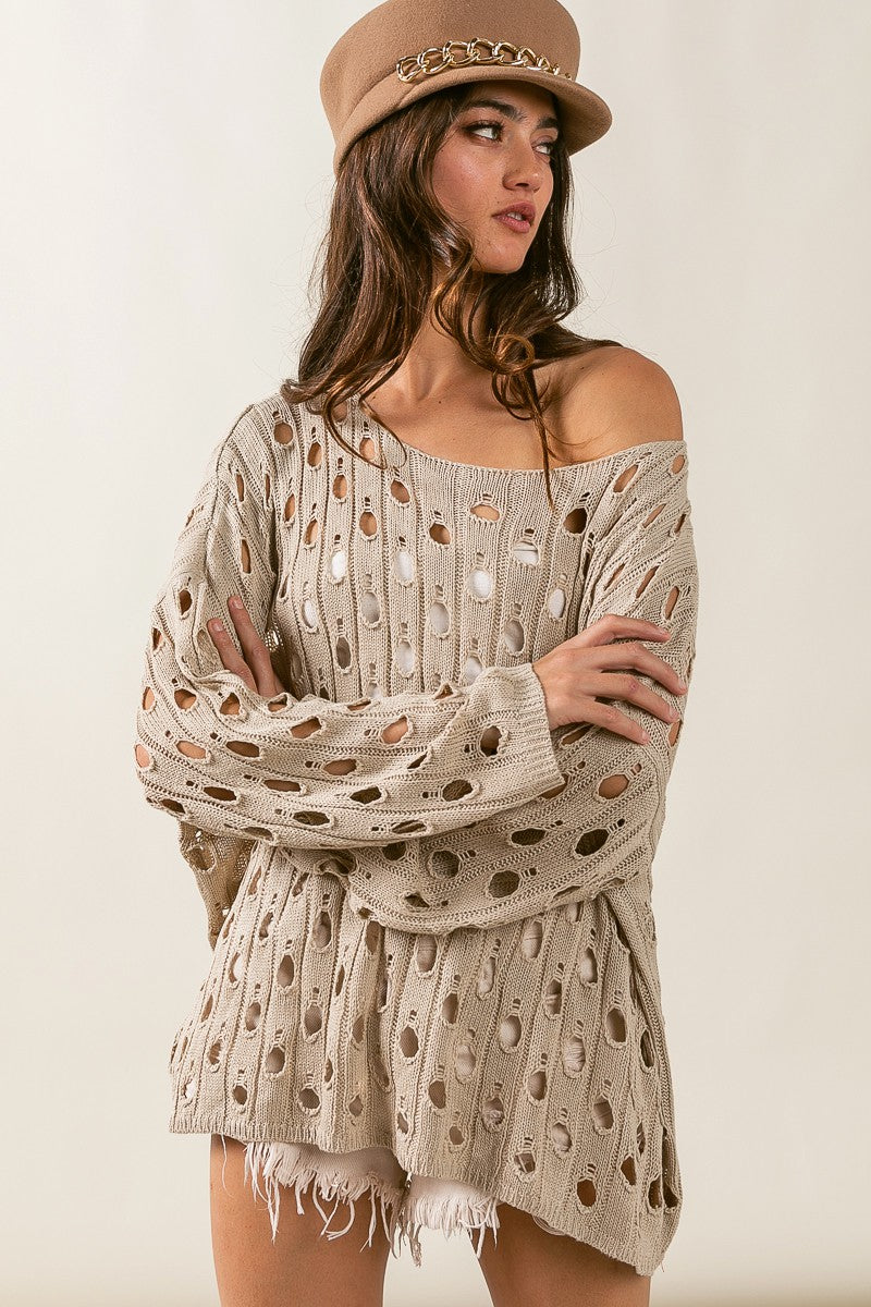 Oatmeal Hollowed Out Loose Sweater - Beciga