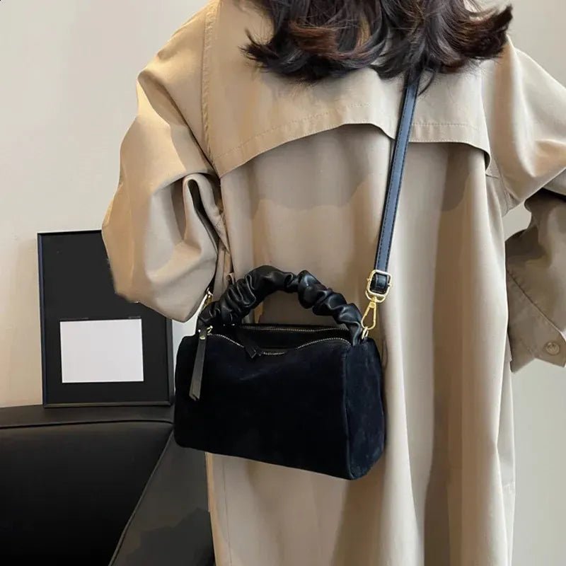 Faux Suede Ruched Handle Crossbody/Satchel Bag