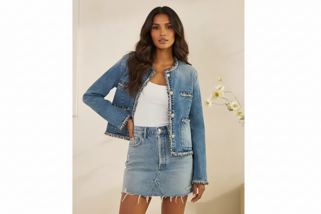 Tweed Trimmed Front Pocket Denim Jacket