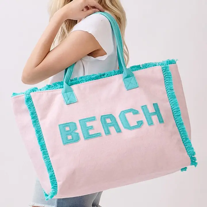 Embroidered Beach Letter Terry Cloth Frayed Tote Bag