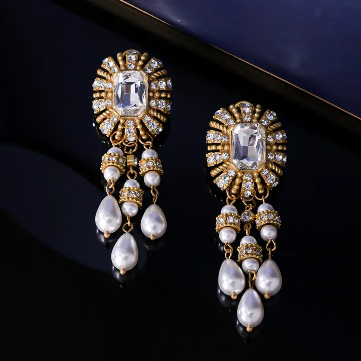 Vintage Crystal Pearl Chandelier Earrings