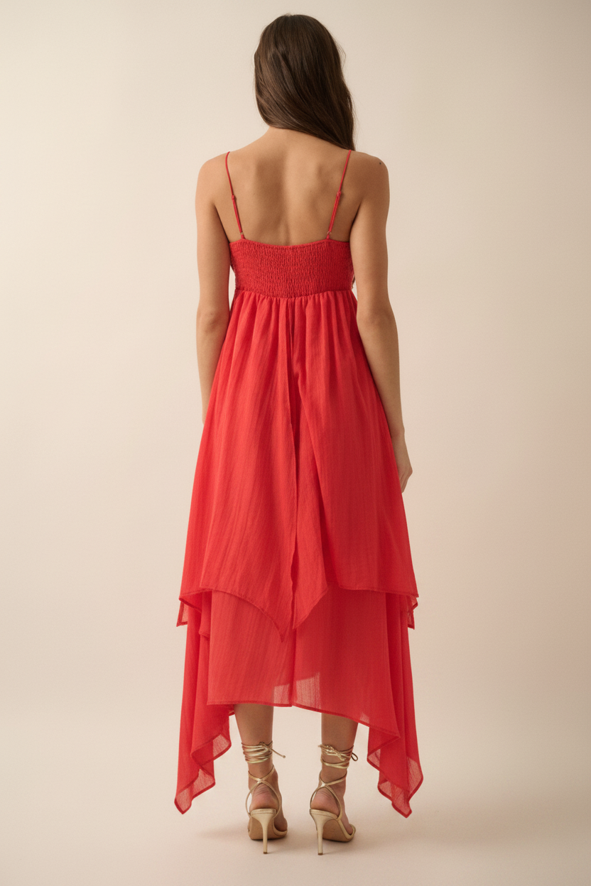 Back View - Gold Strappy Sandals Coral Red Dress