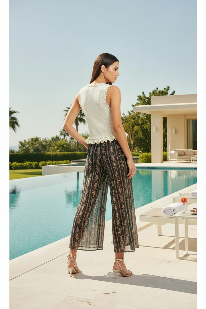 Back View - Ivory Crochet Top with Mesh Palazzo Pants