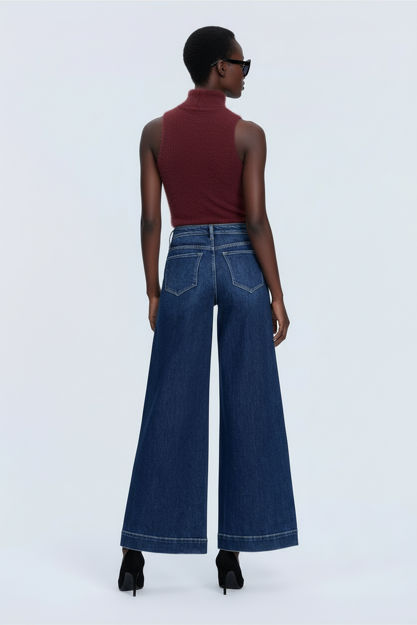 Back view of Beciga model wearing dark-wash palazzo jeans