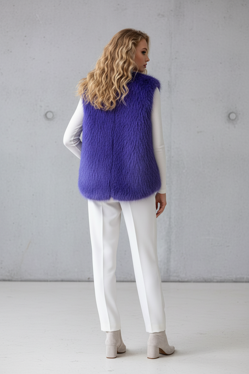 Back view - purple vest with winter white outfit