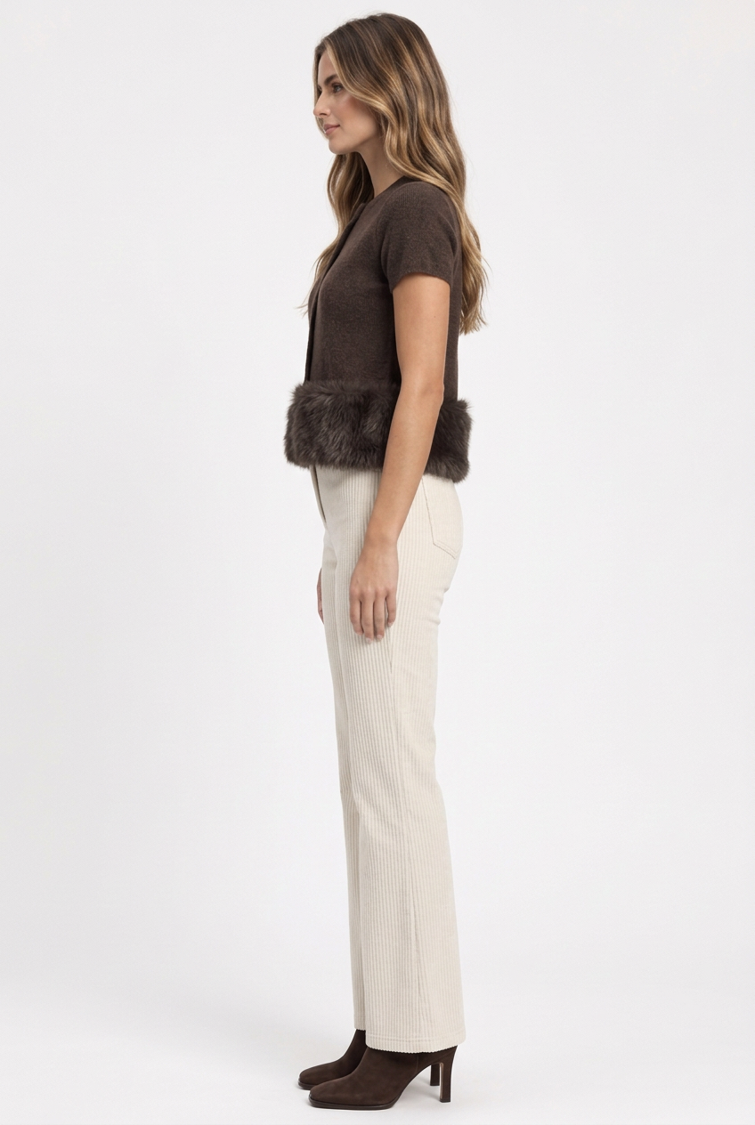 Fur Trimmed Button Front Knit Top
