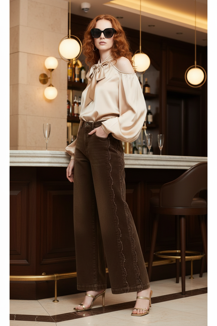 Beciga lifestyle campaign featuring the chocolate-brown scalloped denim