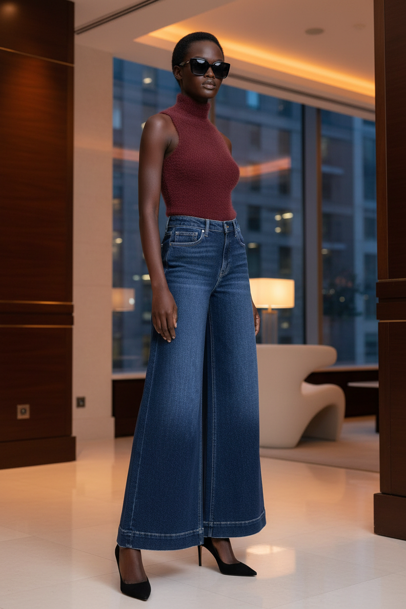 Beciga lifestyle campaign with dark-wash palazzo jeans and fuzzy wine turtleneck