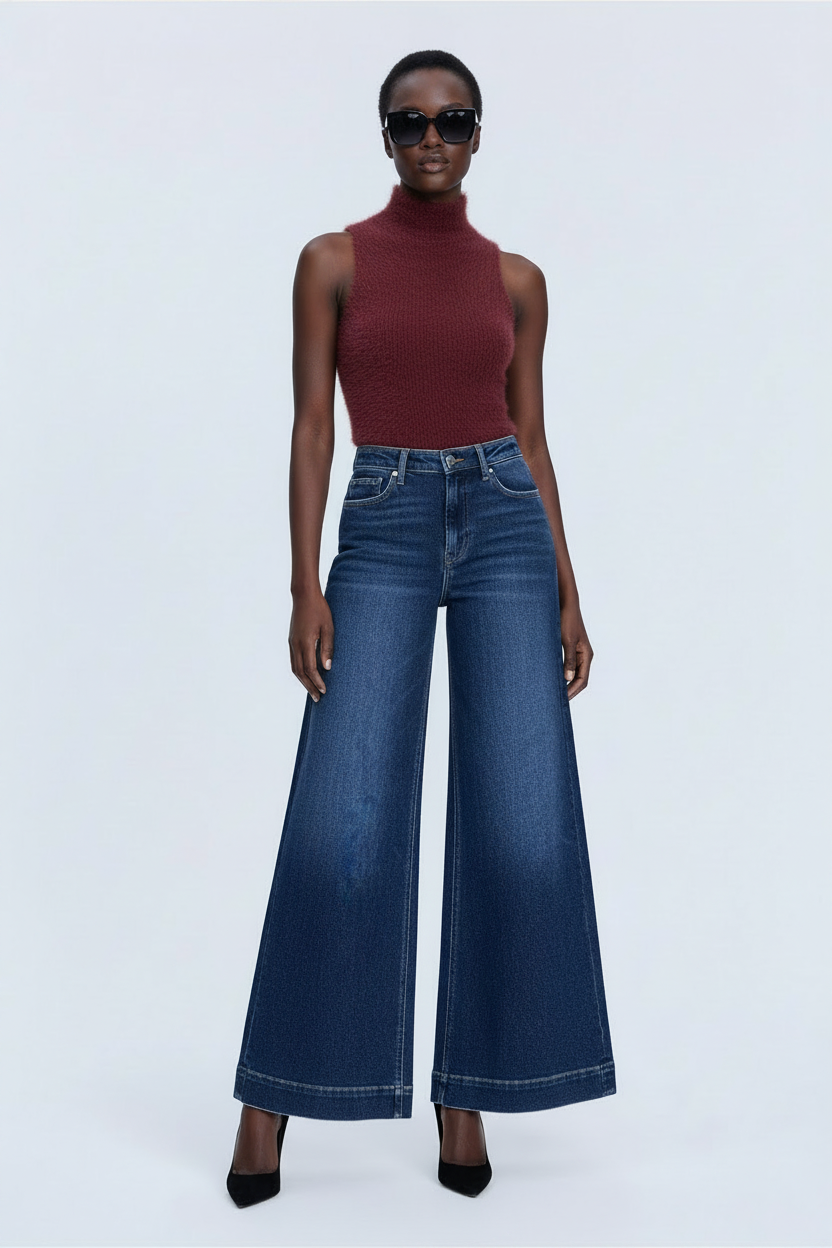 Beciga model wearing a fuzzy wine sleeveless turtleneck with dark-wash palazzo jeans