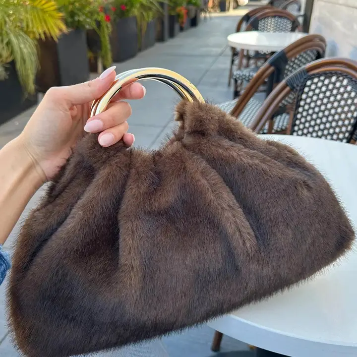 Faux Fur Clutch Bag with Ring Handle