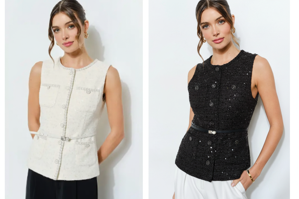 Belted Sequin Tweed Top - Cream and Black Comparison