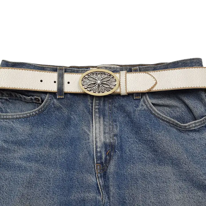 Floral Oval Buckle Leather Belt