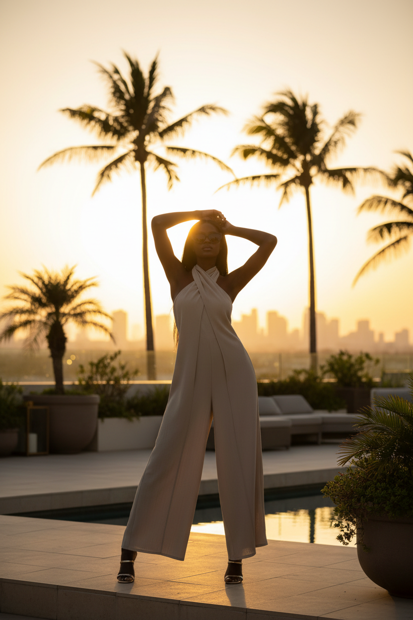 Black model — Tropical rooftop with palm trees