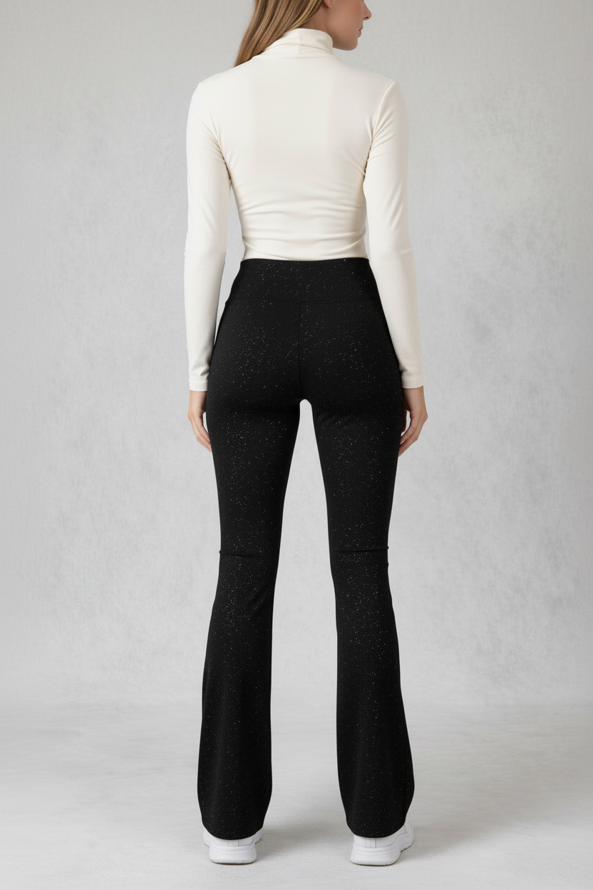 Black sparkle flare pants back view