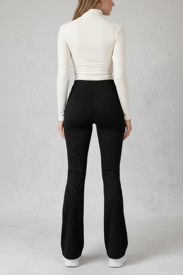 Black sparkle flare pants back view
