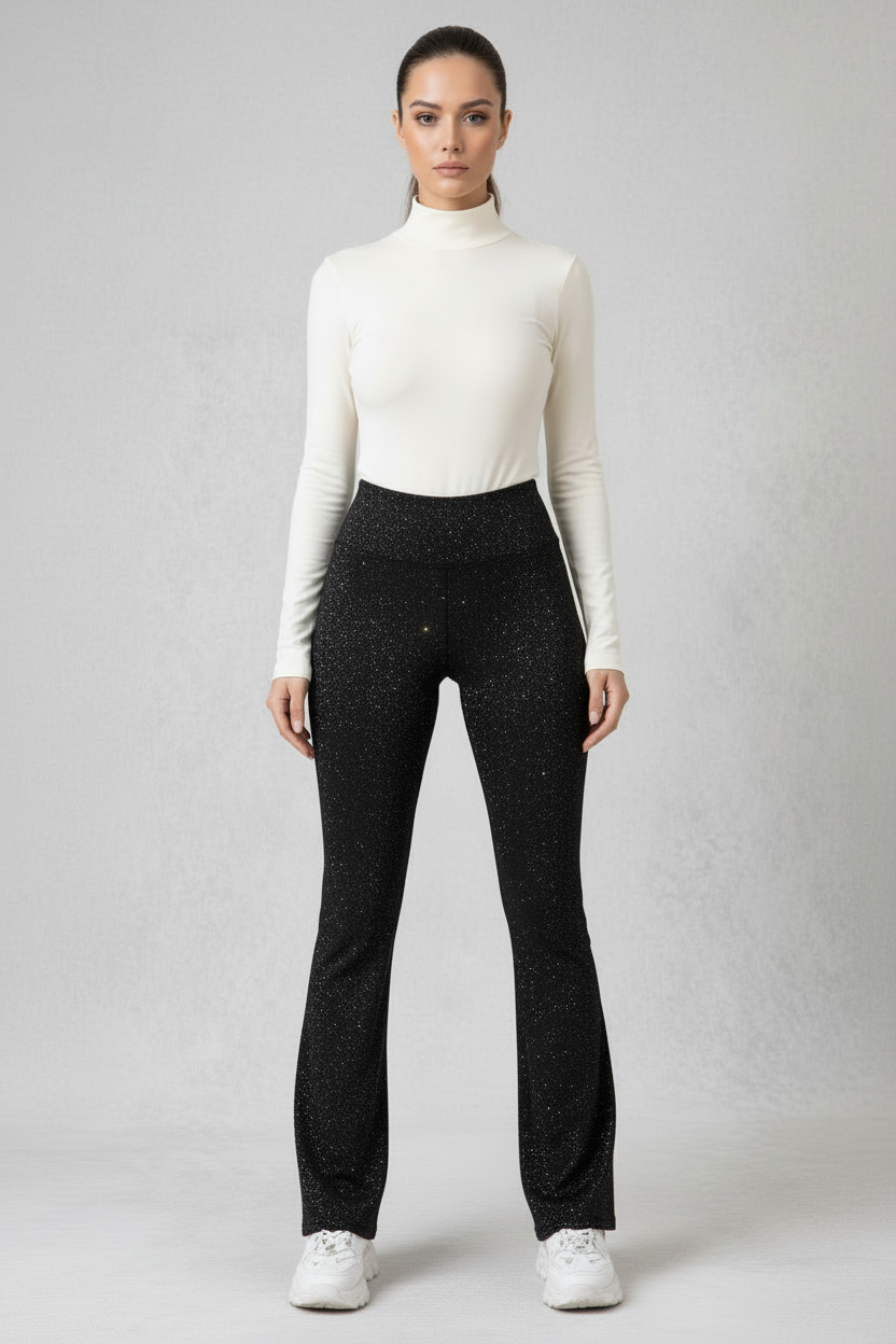 Black sparkle flare pants front view