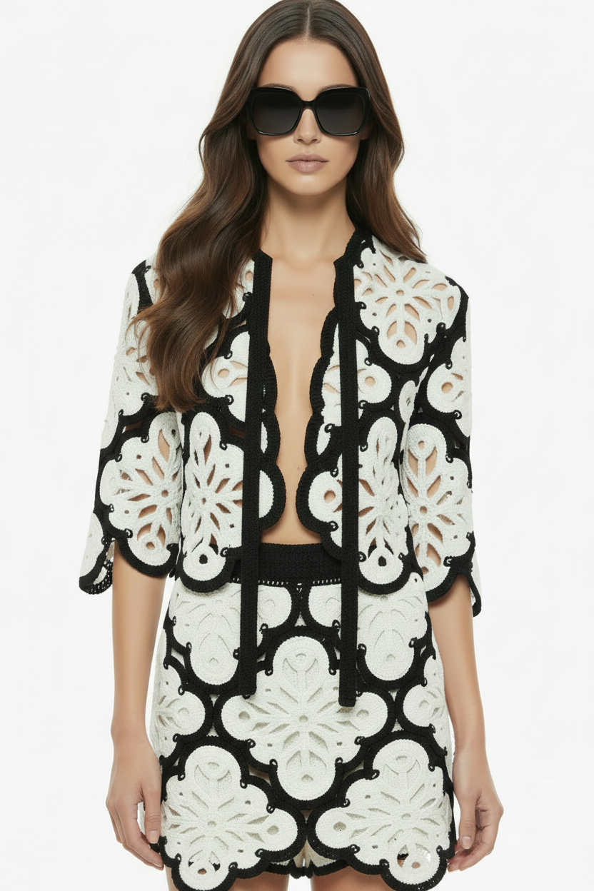 Black & White Crochet Cardigan — Two Ties Detail