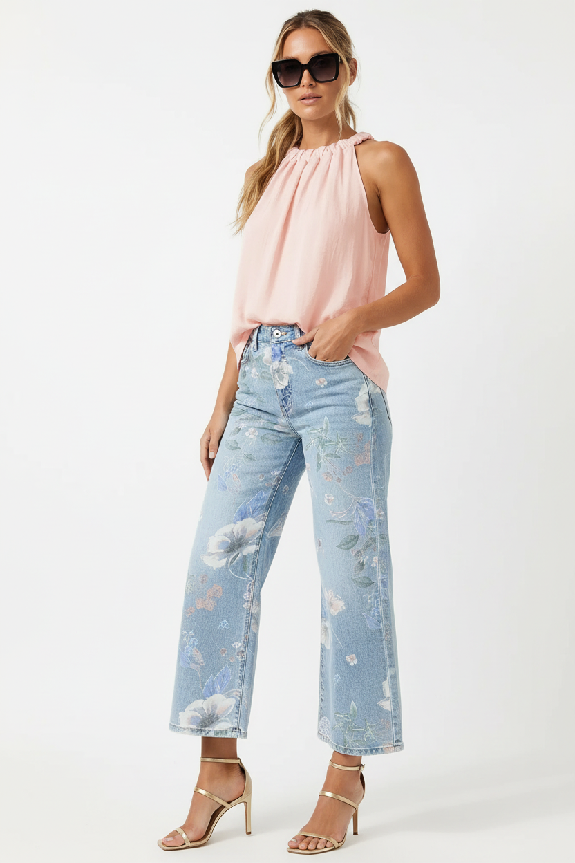 Blush Halter + Floral Jeans - Front 3/4