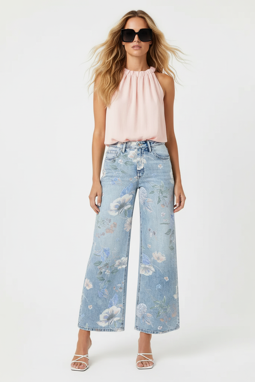 Blush Halter + Floral Jeans - Full Length