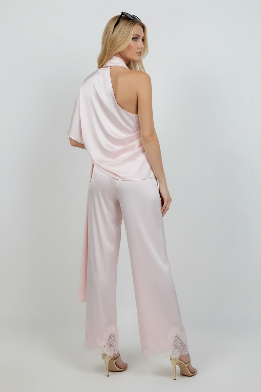 Blush Pink Satin Halter Top — Blonde Model Back Cape Drape