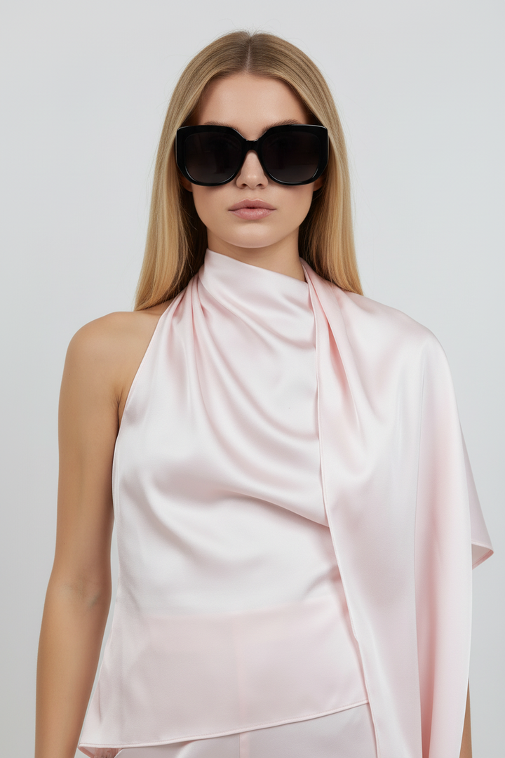 Blush Pink Satin Halter Top — Blonde Model Close-Up