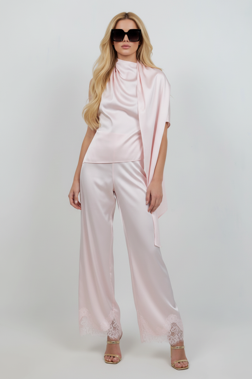 Blush Pink Satin Halter Top — Blonde Model Full Body