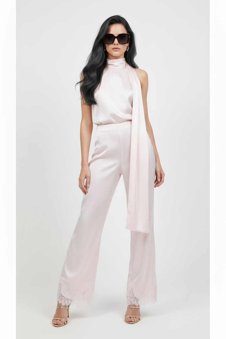 Blush Satin Co-ord — Dark Brunette Model