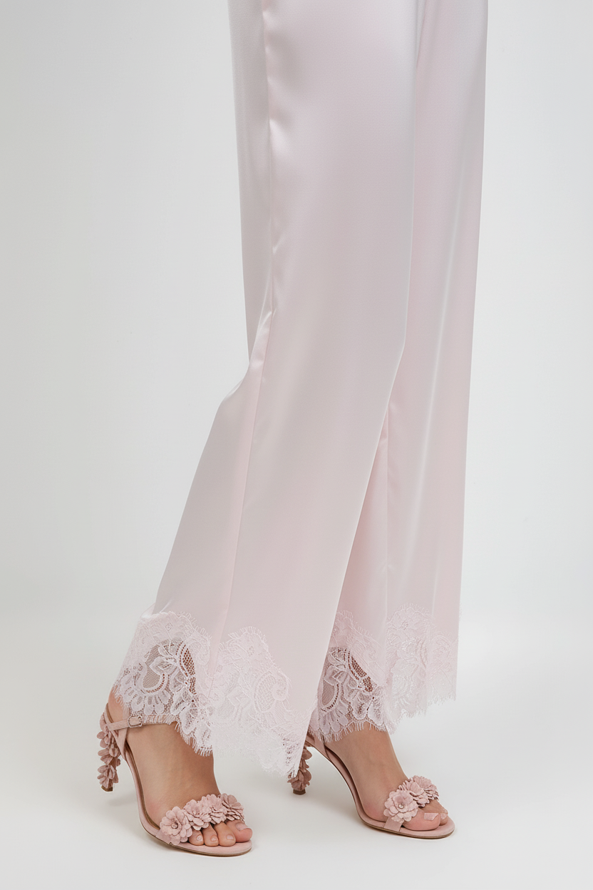 Blush Satin Trousers — Lace Hem Detail Pink Floral Sandals